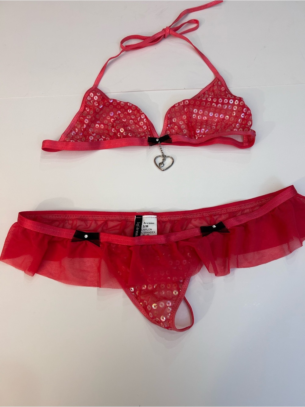 Leg Avenue Pink Sequin Mesh Bra & Ruffle Thong Set